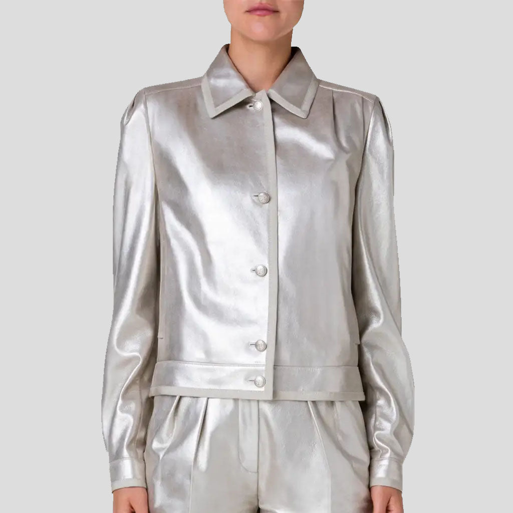 Silver Metallic Puffed Sleeve Women Leather Shirt - AMSEL LEATHERS