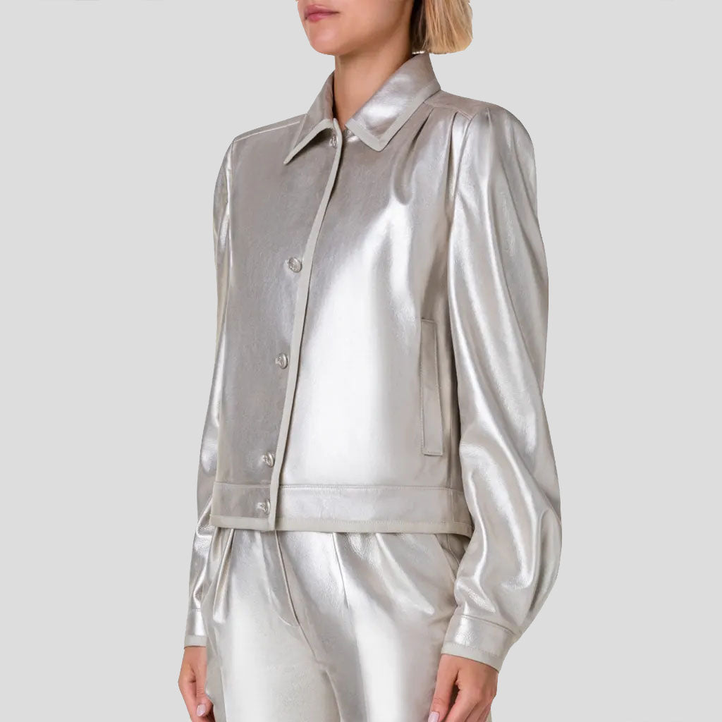 Silver Metallic Puffed Sleeve Women Leather Shirt - AMSEL LEATHERS