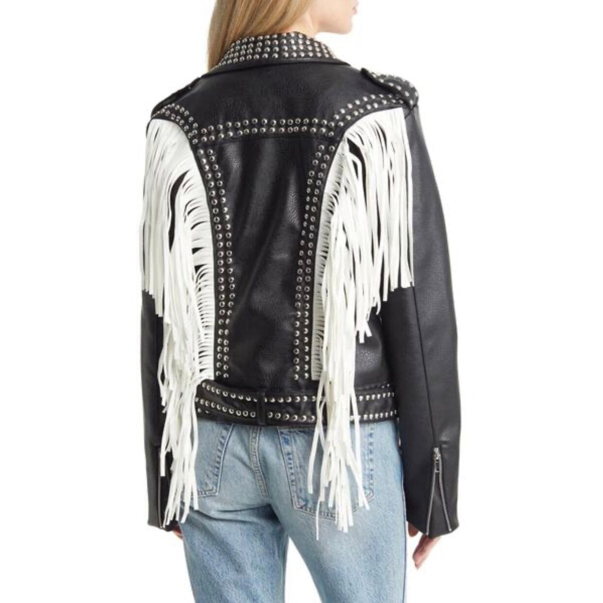 Silver Stud Design Leather Motorcycle Jacket with White Fringe Trim - AMSEL LEATHERS