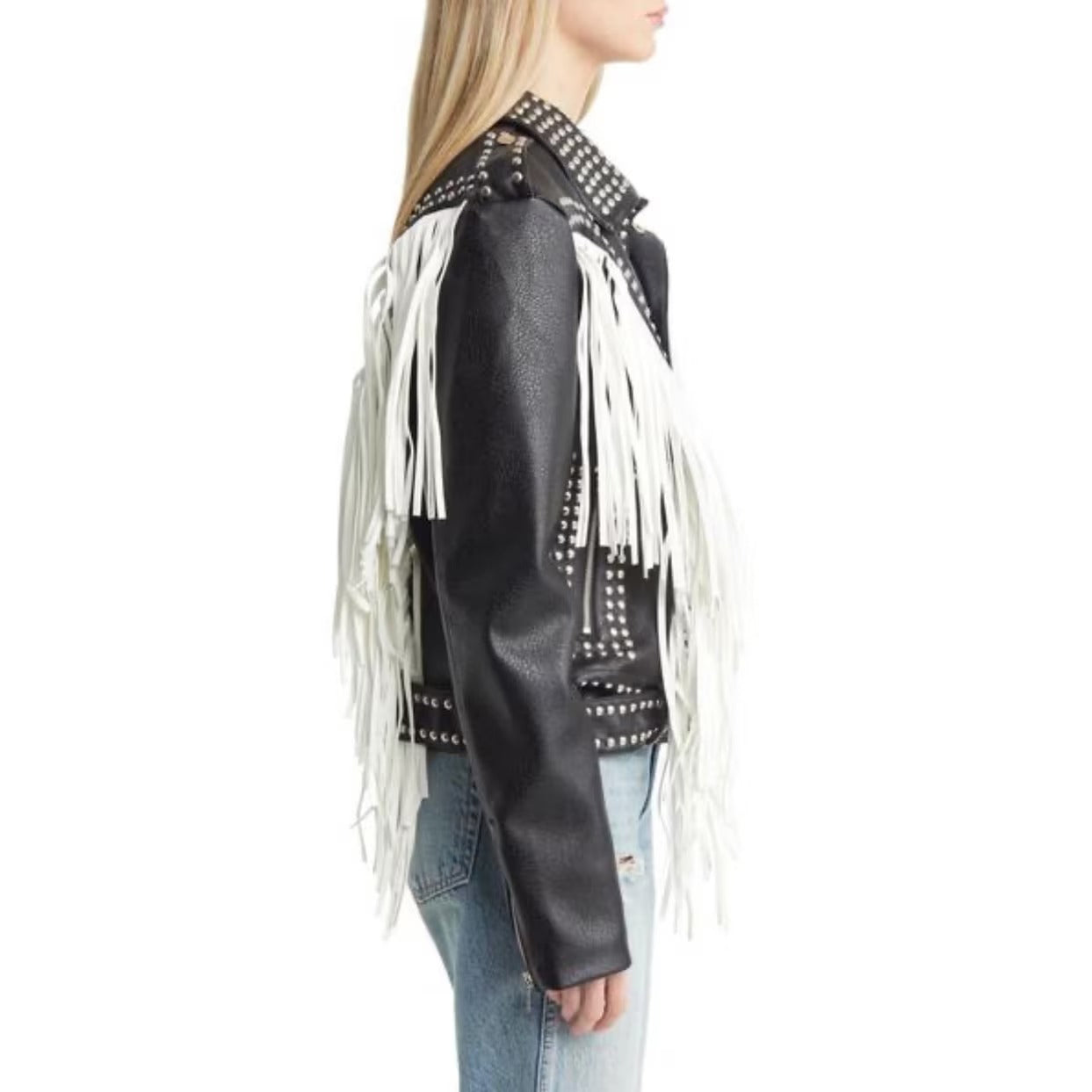 Silver Stud Design Leather Motorcycle Jacket with White Fringe Trim - AMSEL LEATHERS