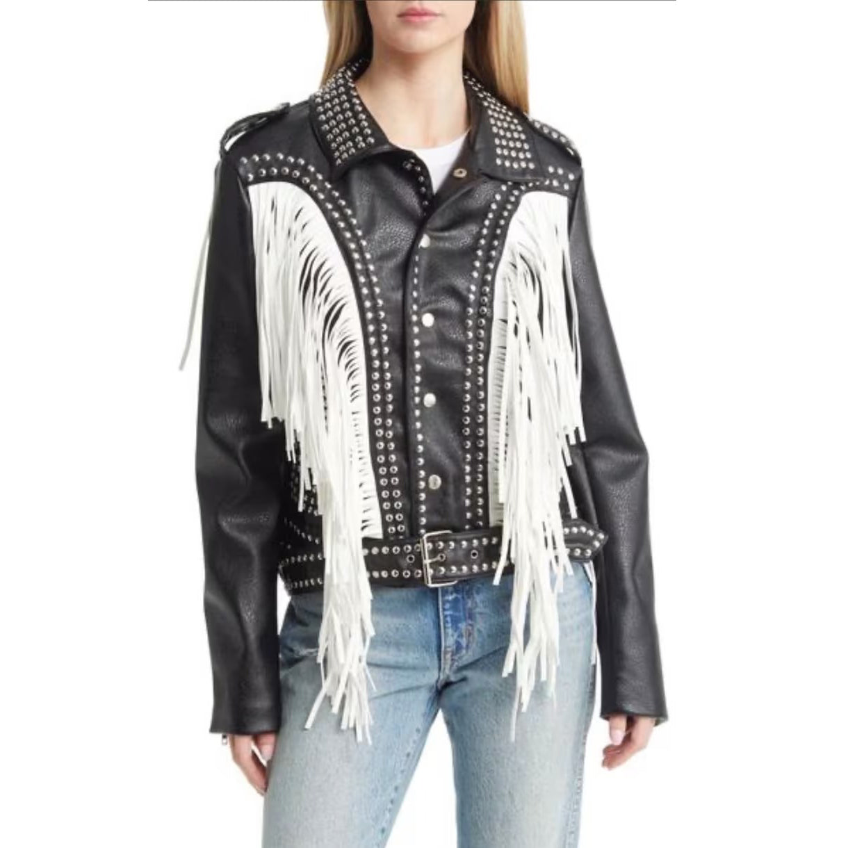 Silver Stud Design Leather Motorcycle Jacket with White Fringe Trim - AMSEL LEATHERS