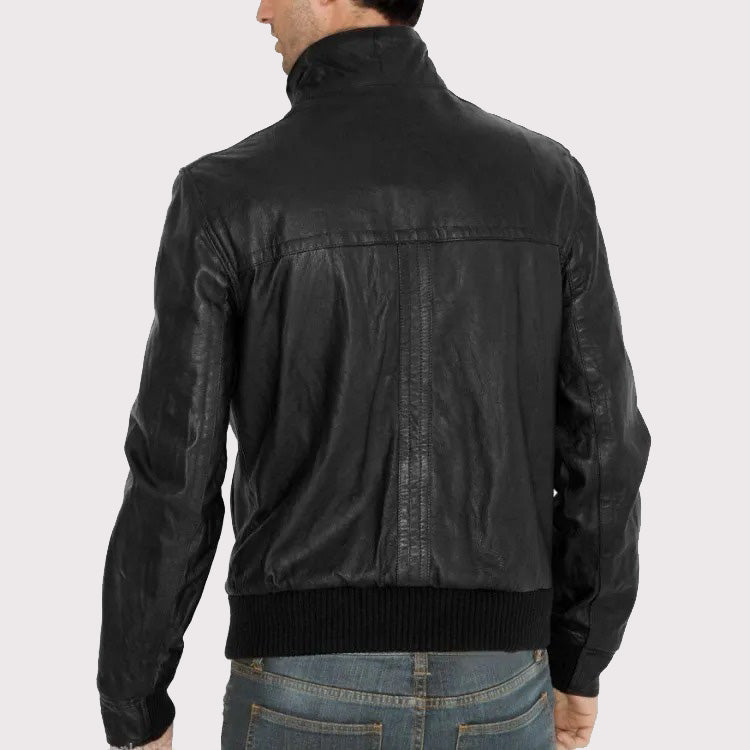 Simple Fitted Black Leather Jacket in Bomber Style for Men - AMSEL LEATHERS