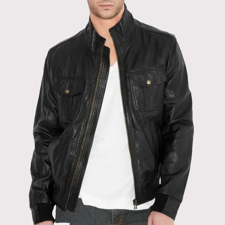 Simple Fitted Black Leather Jacket in Bomber Style for Men - AMSEL LEATHERS