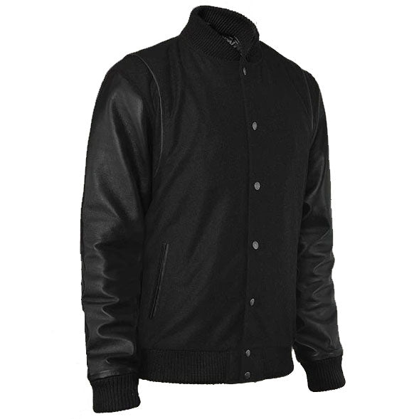 Sleek Noir Black Leather Varsity Jacket - AMSEL LEATHERS