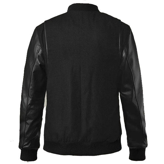 Sleek Noir Black Leather Varsity Jacket - AMSEL LEATHERS