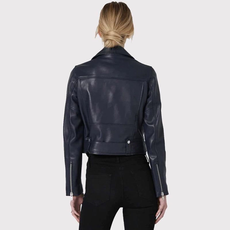 Sleek Women's Blue Leather Biker Jacket - AMSEL LEATHERS