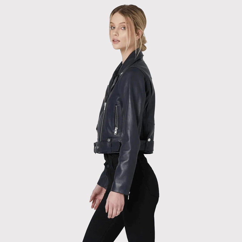 Sleek Women's Blue Leather Biker Jacket - AMSEL LEATHERS