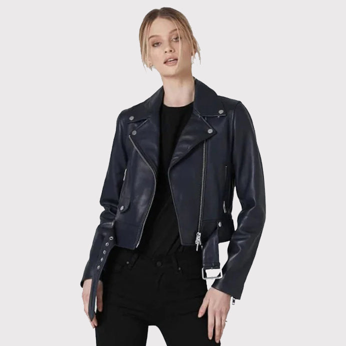 Sleek Women's Blue Leather Biker Jacket - AMSEL LEATHERS