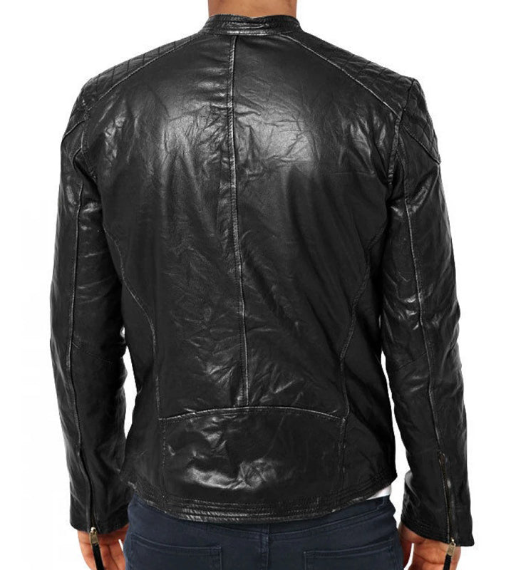 Slim Fit Men's Black Leather Biker Jacket - AMSEL LEATHERS