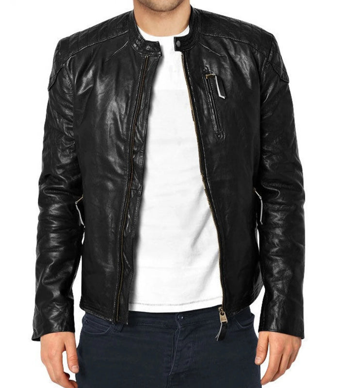 Slim Fit Men's Black Leather Biker Jacket - AMSEL LEATHERS