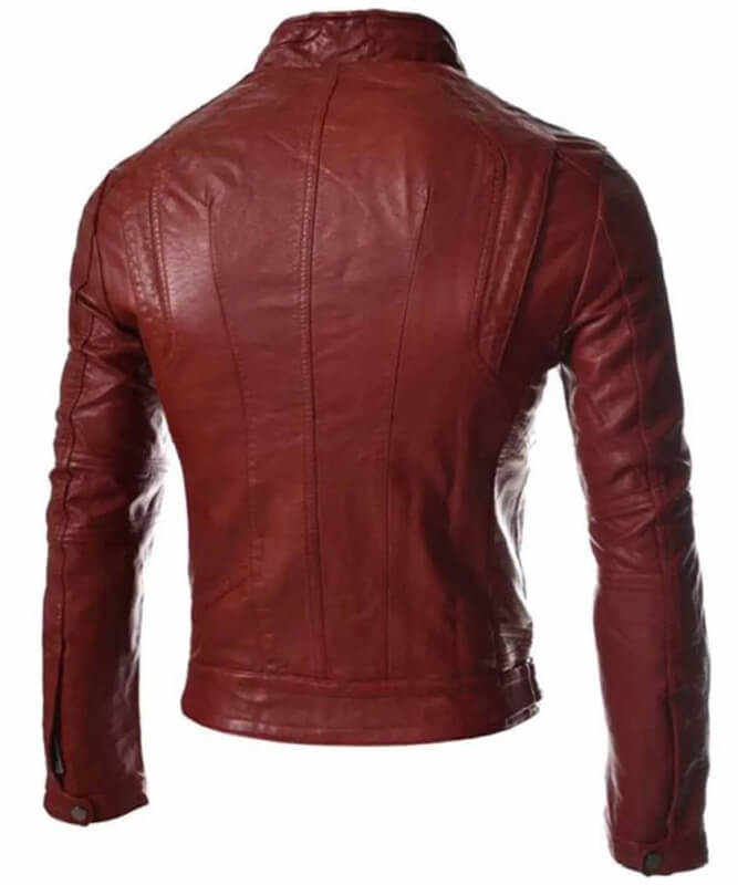 Men’s Casual Slim Fit Snap Tab Collar Red Faux Leather Jacket - AMSEL LEATHERS