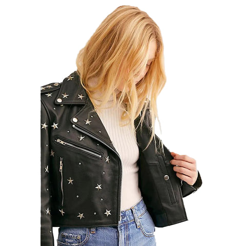women's black studded leather biker jacket celine side angle