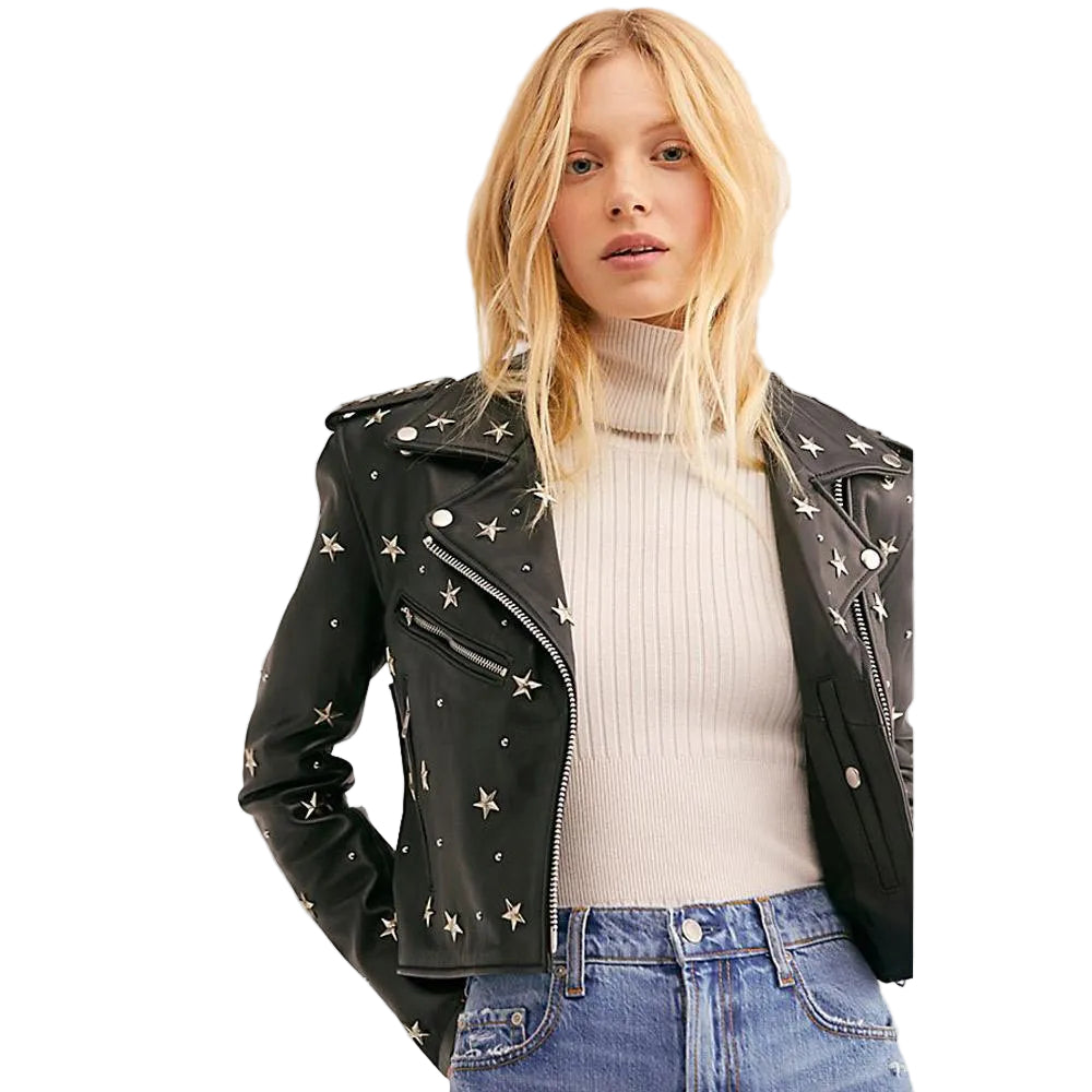 women's black studded leather biker jacket celine front view