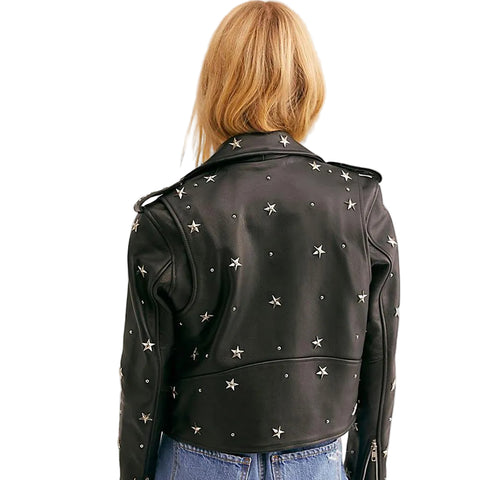 women's black studded leather biker jacket celine back view