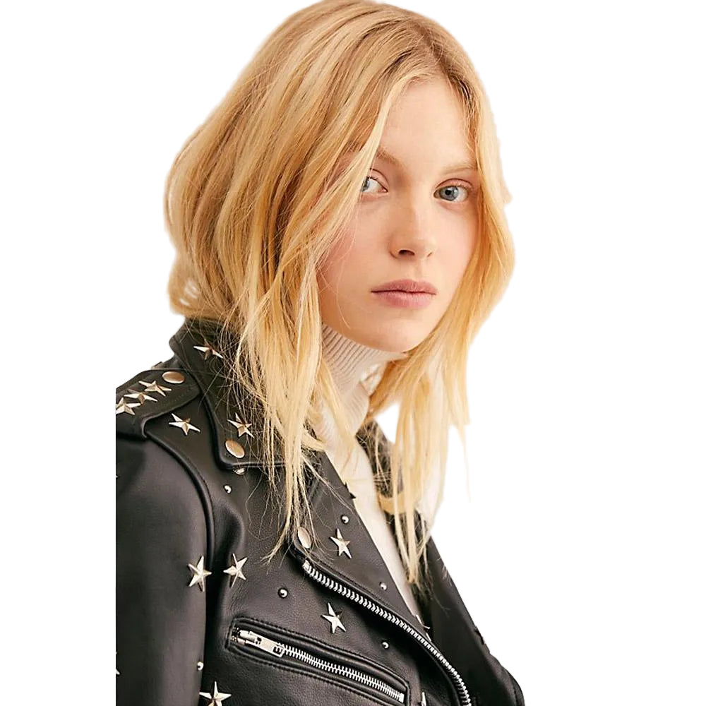 women's black studded leather biker jacket celine detail close up
