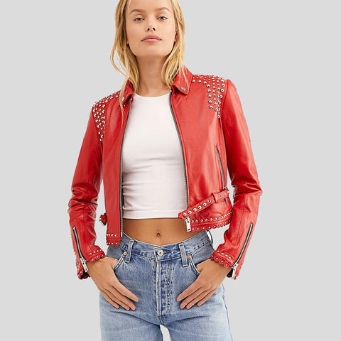 women's red studded leather biker jacket maelle front view