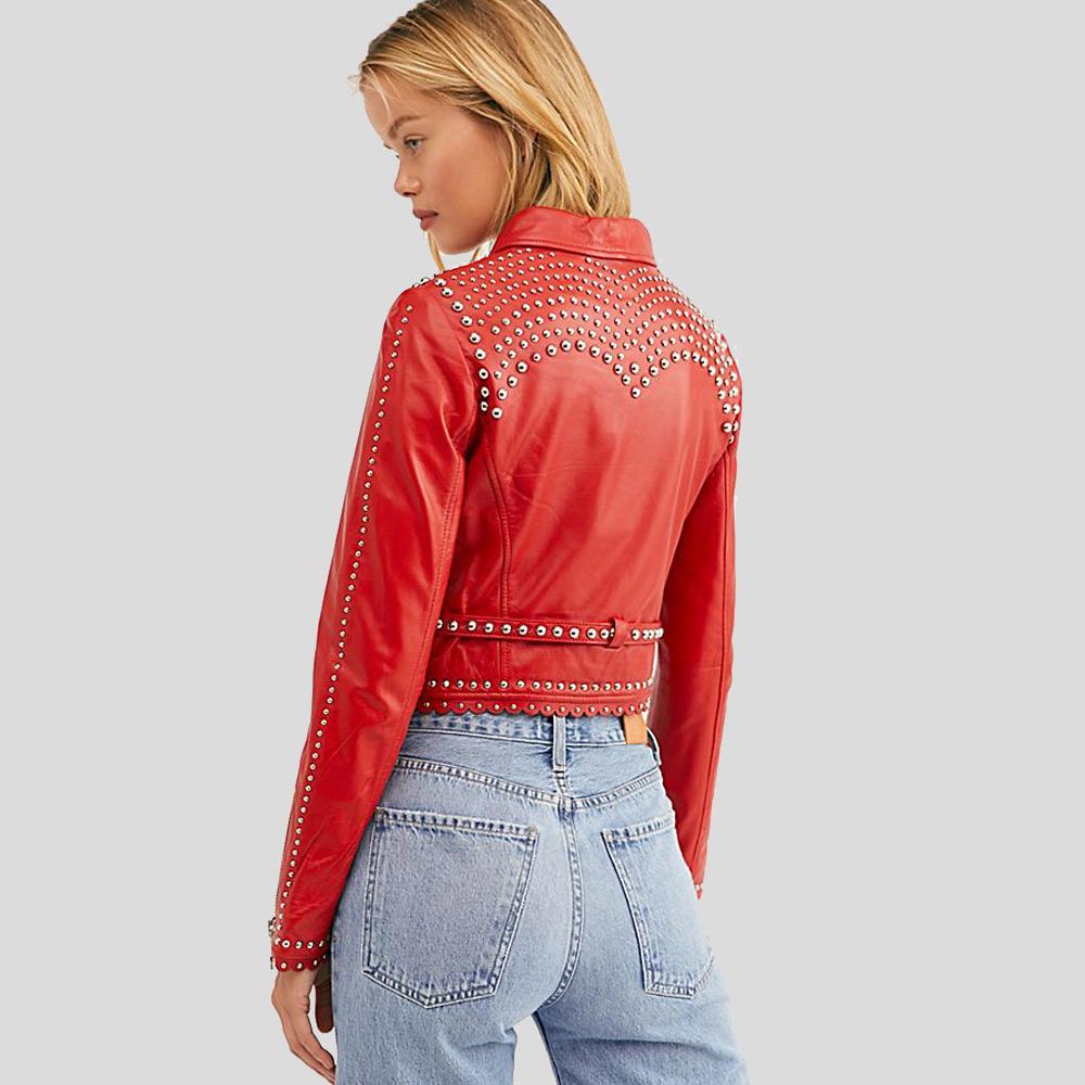 women's red studded leather biker jacket maelle side angle