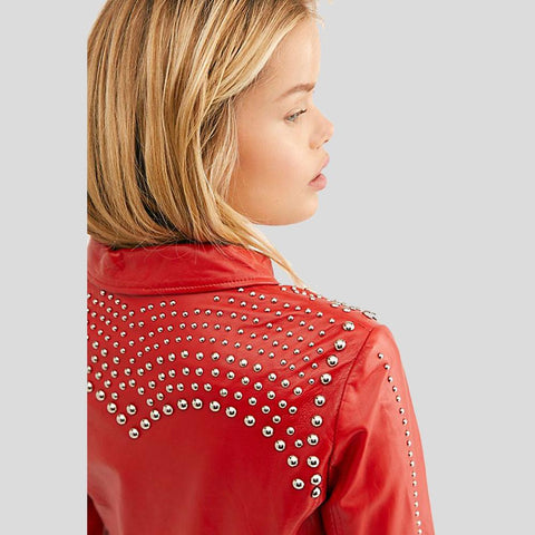 women's red studded leather biker jacket maelle detail close up