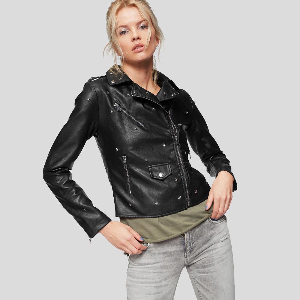 women's black studded leather biker jacket ophelia front view