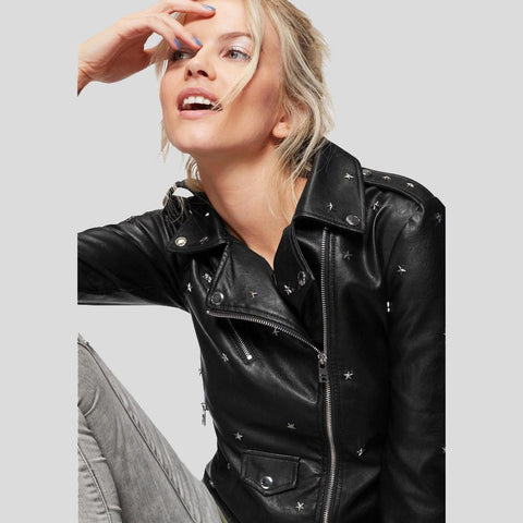 women's black studded leather biker jacket ophelia side angle