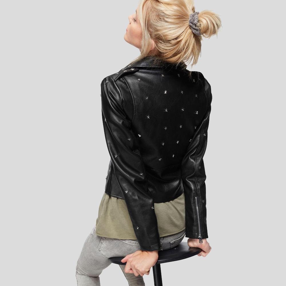 women's black studded leather biker jacket ophelia detail close up