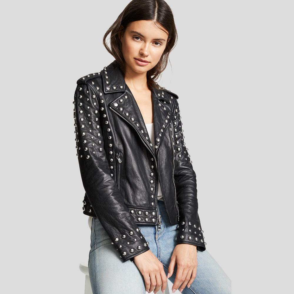 women's black studded leather biker jacket maren front view