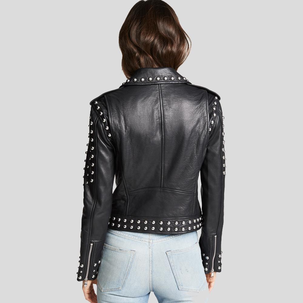 women's black studded leather biker jacket maren side angle