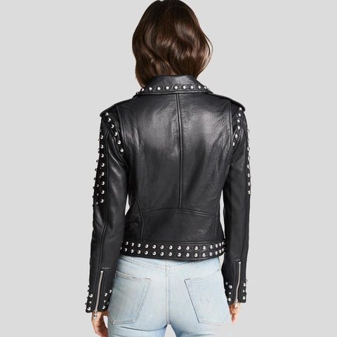 women's black studded leather biker jacket maren side angle