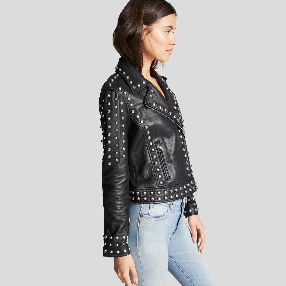 women's black studded leather biker jacket maren back view