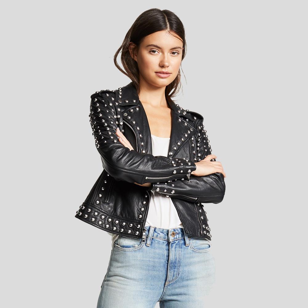 women's black studded leather biker jacket maren detail close up
