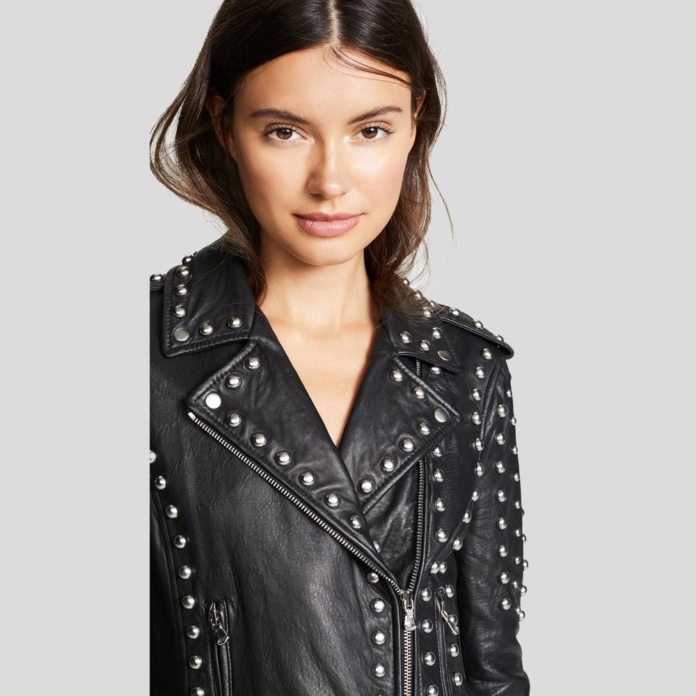 women's black studded leather biker jacket maren texture detail