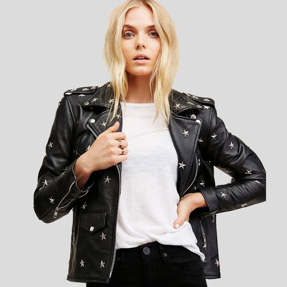 women's black studded lambskin leather biker jacket margot side angle
