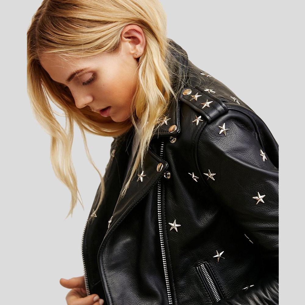 women's black studded lambskin leather biker jacket margot detail close up