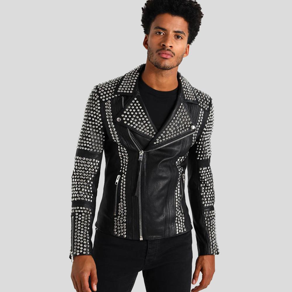 men's black studded lambskin leather bomber jacket cassian front view