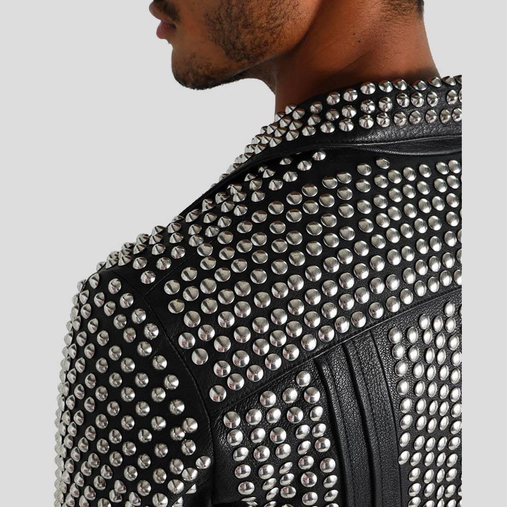 men's black studded lambskin leather bomber jacket cassian side angle