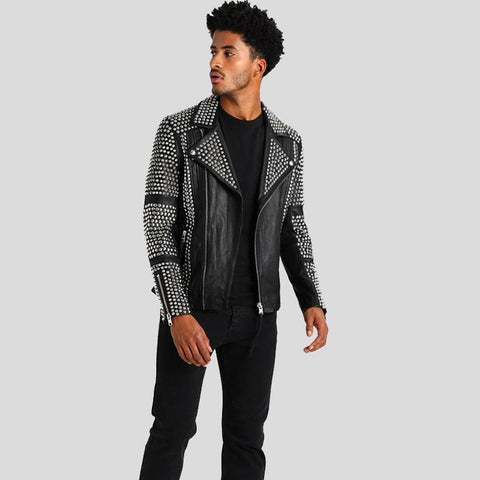 men's black studded lambskin leather bomber jacket cassian back view