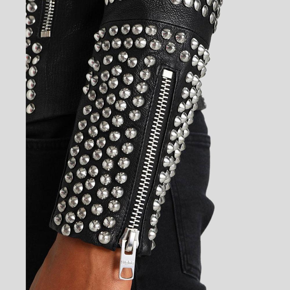 men's black studded lambskin leather bomber jacket cassian detail close up