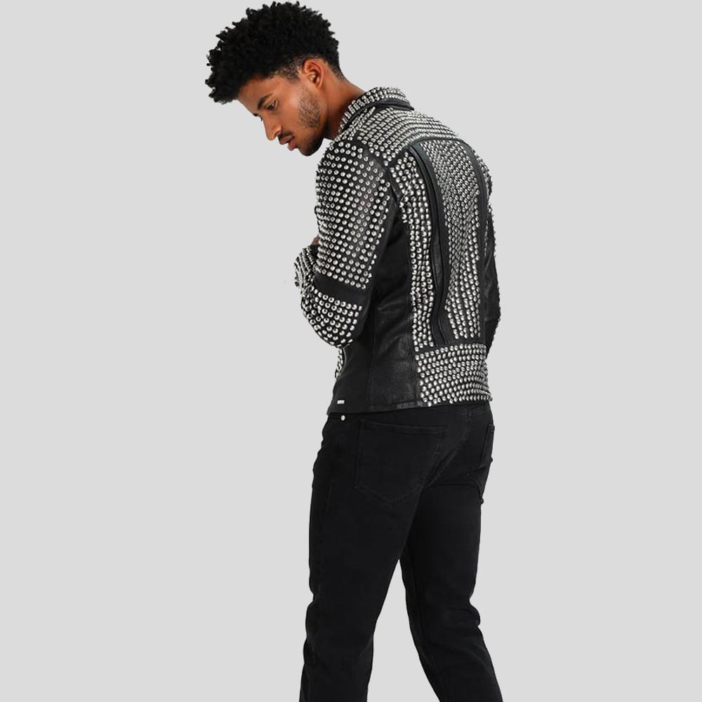 men's black studded lambskin leather bomber jacket cassian texture detail