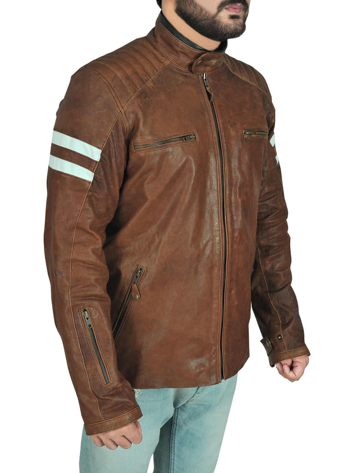 men's brown leather biker jacket nolan texture detail