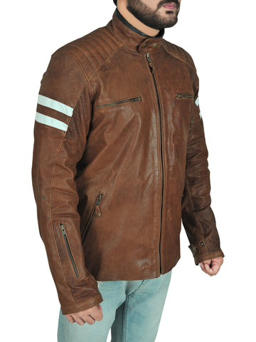 men's brown leather biker jacket nolan texture detail