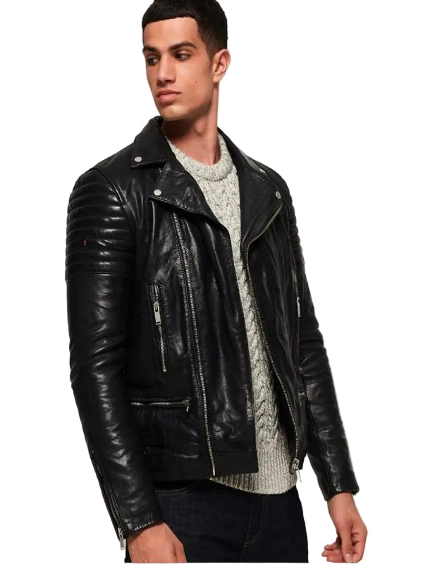 men’s black cowhide leather biker jacket back view