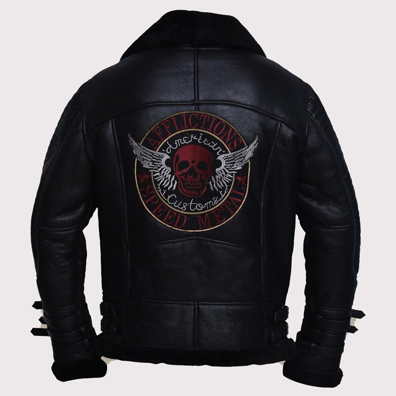 Stylish Men's Black Biker Shearling Jacket - AMSEL LEATHERS