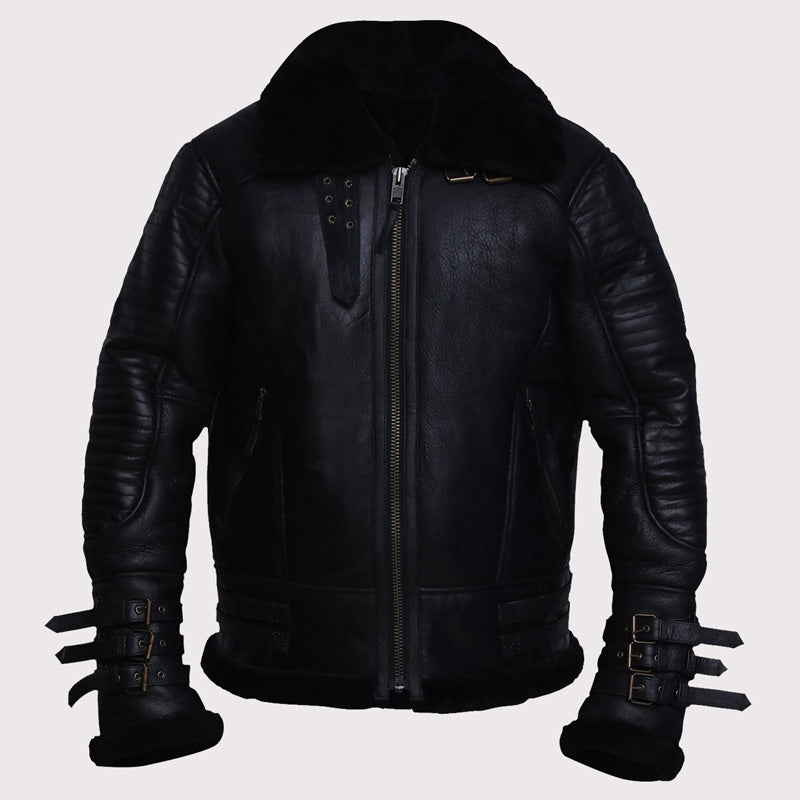 Stylish Men's Black Biker Shearling Jacket - AMSEL LEATHERS