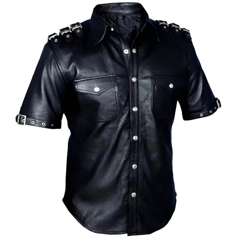 Men's Hot Stylish Short Sleeve BLUF Gay Napa Lamb Leather T-shirt - AMSEL LEATHERS