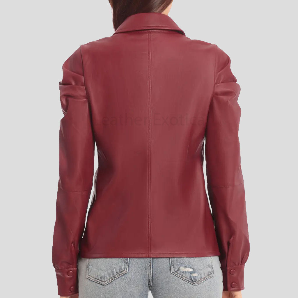 Stylish Red Puffed Sleeves Leather Shirt for Women - AMSEL LEATHERS