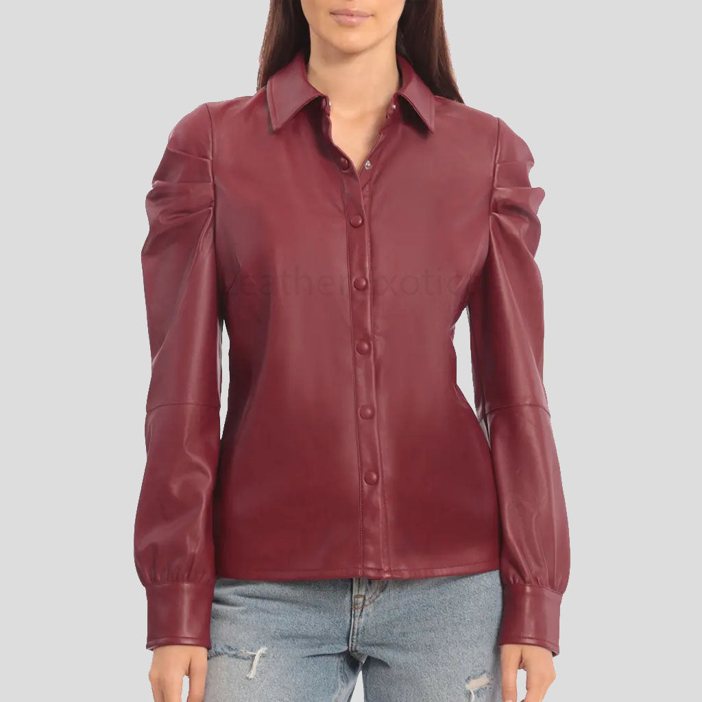 Stylish Red Puffed Sleeves Leather Shirt for Women - AMSEL LEATHERS