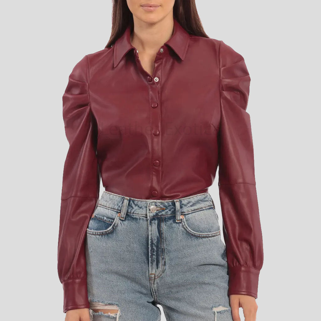 Stylish Red Puffed Sleeves Leather Shirt for Women - AMSEL LEATHERS