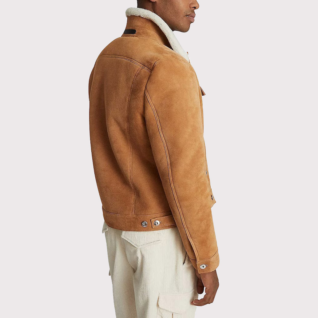 Stylish Suede Trucker Leather Jacket with Faux Shearling Collar - AMSEL LEATHERS