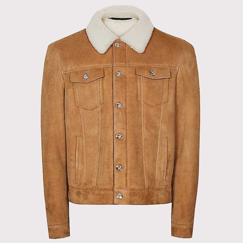 Stylish Suede Trucker Leather Jacket with Faux Shearling Collar - AMSEL LEATHERS