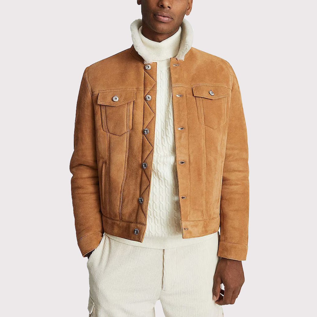 Stylish Suede Trucker Leather Jacket with Faux Shearling Collar - AMSEL LEATHERS